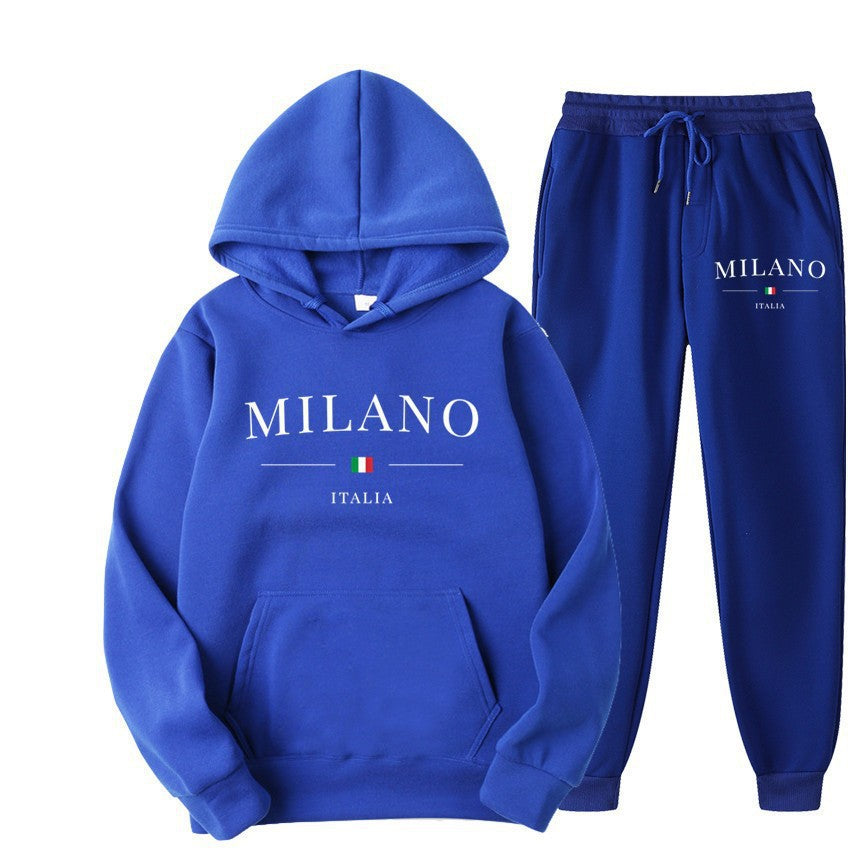 International  Hoodie and Sweatpants Set for Men and Women, Casual Fleece-lined Hooded Sweatsuit, Foreign Trade Print