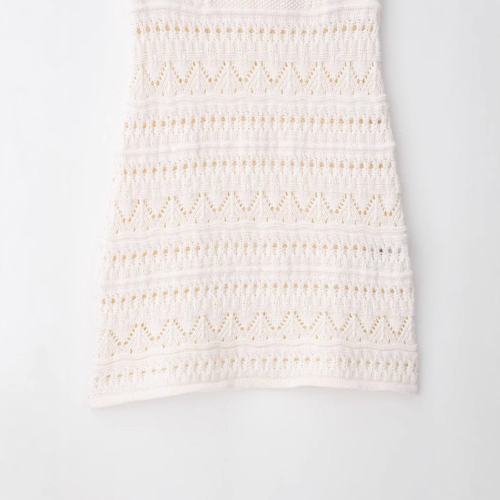 Round neck sleeveless suspender white crochet dress for women