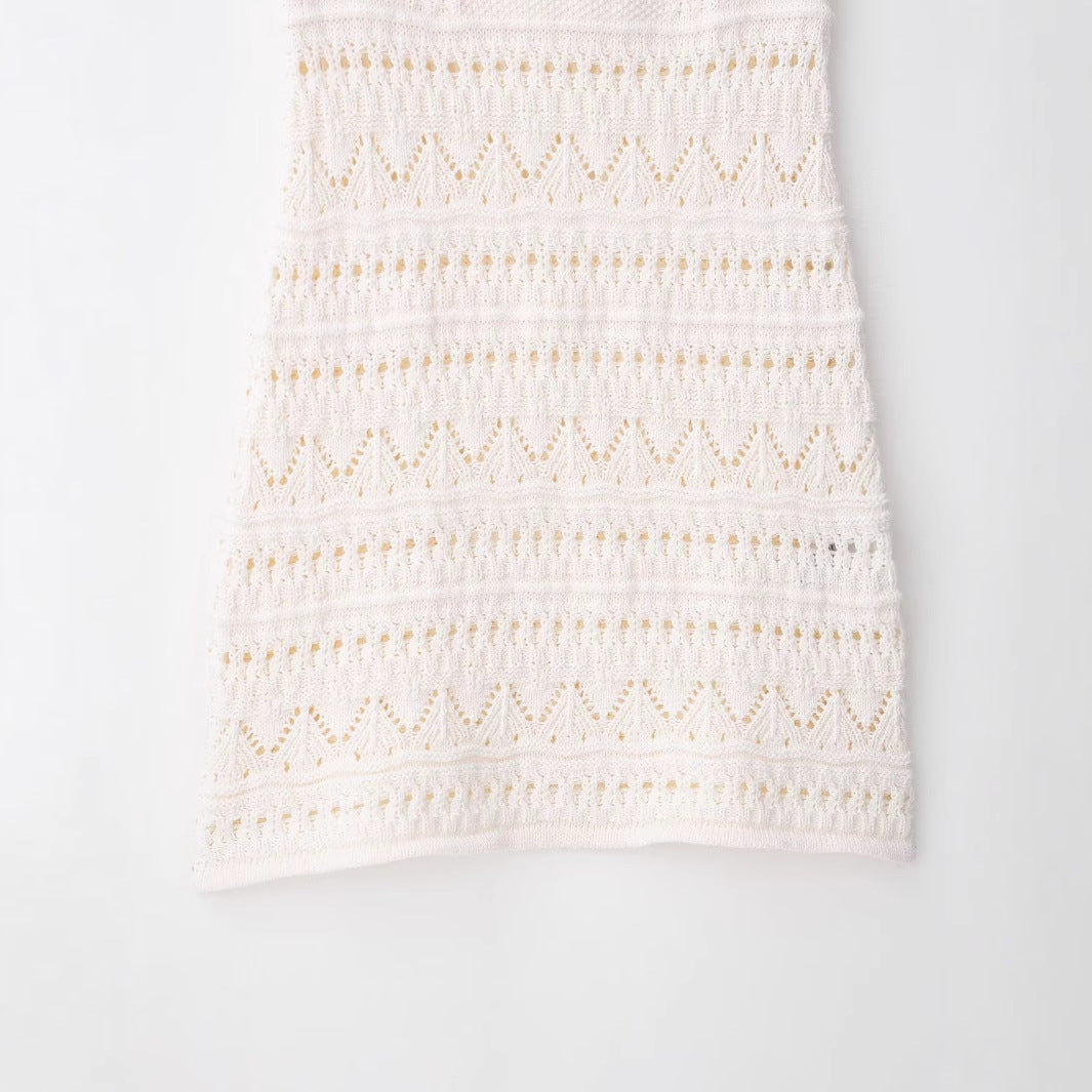 Round neck sleeveless suspender white crochet dress for women