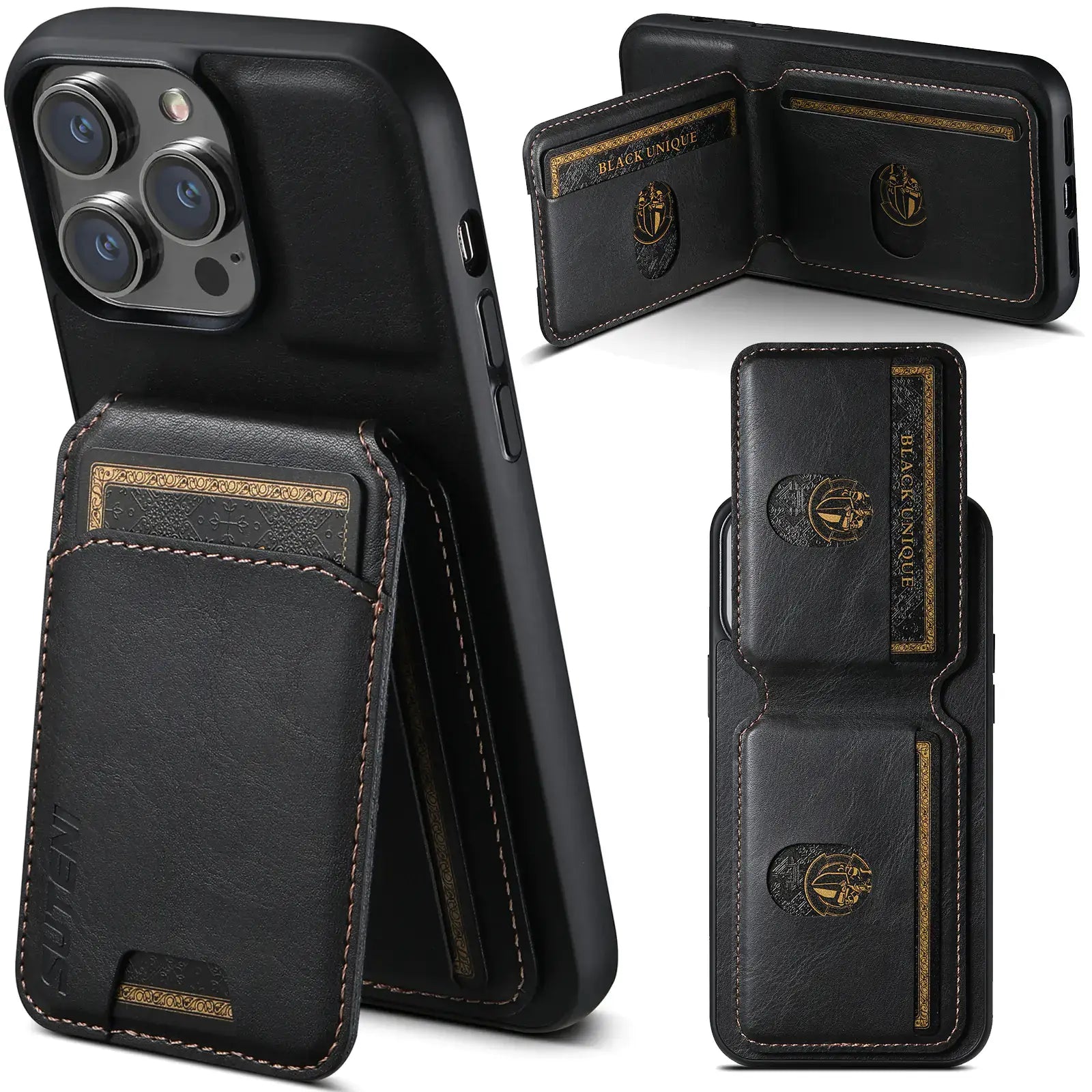 Phone case for iPhone 15 Pro and Samsung S24U showing card slot design and stylish black exterior.