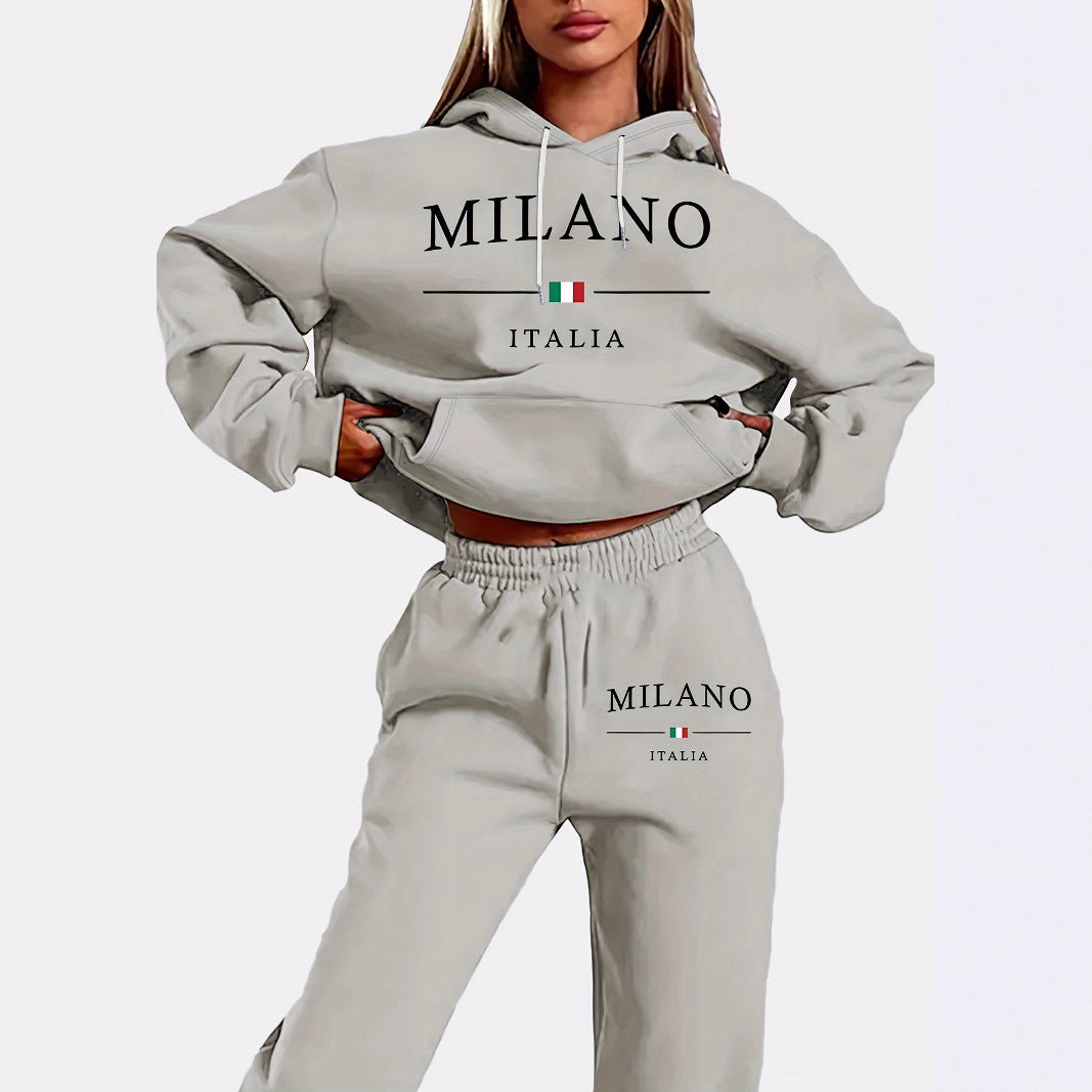 International  Hoodie and Sweatpants Set for Men and Women, Casual Fleece-lined Hooded Sweatsuit, Foreign Trade Print