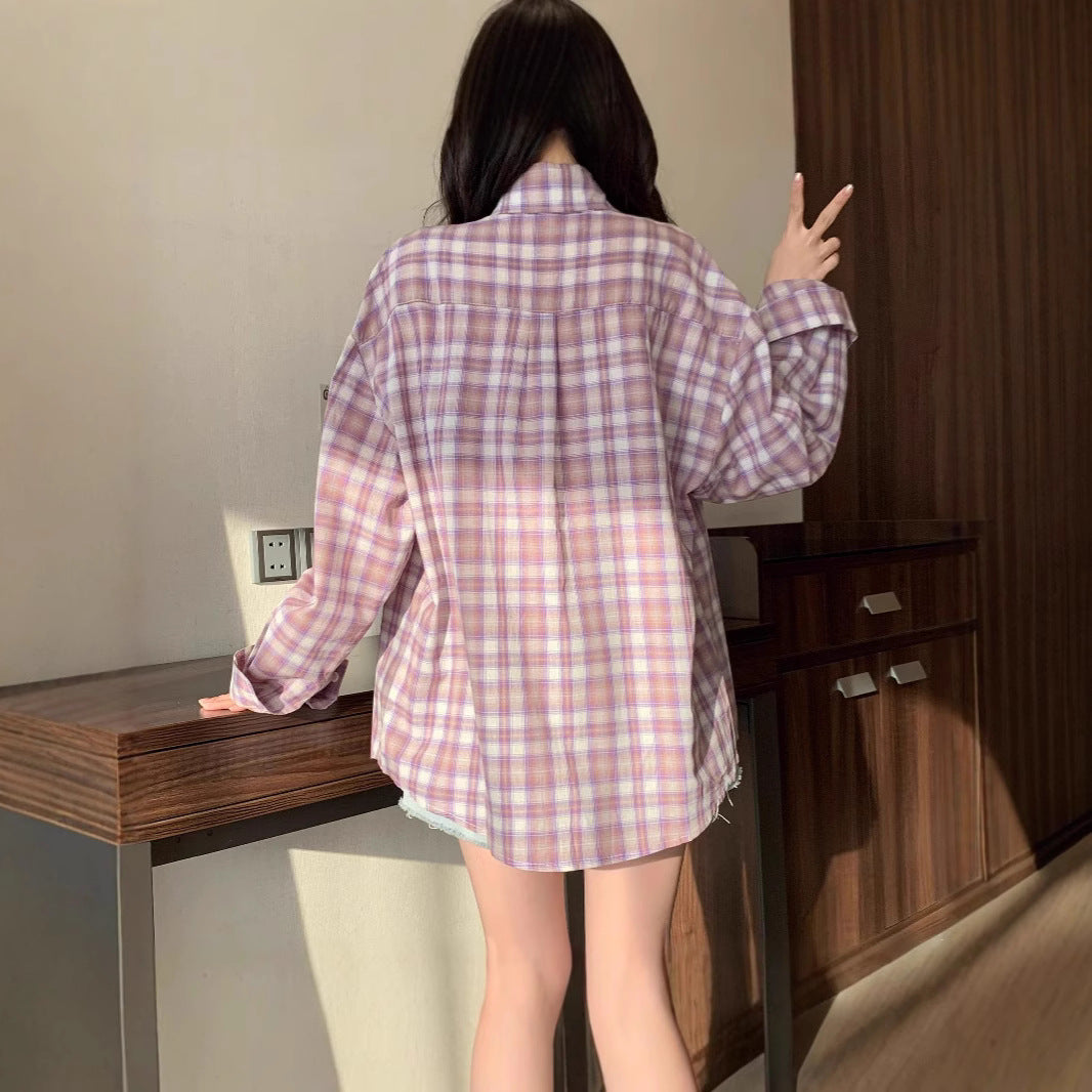 Elegant Lavender Purple Plaid Shirt Style Casual Top Design Sense Small Batch Sunscreen Blouse Jacket for Women